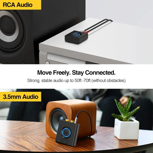 Miniatura 4 de 1Mii Receptor Bluetooth para estéreo doméstico, adaptador inalámbrico AUX y RCA, emparejamiento de dispositivos duales, tiempo de reproducción de 12