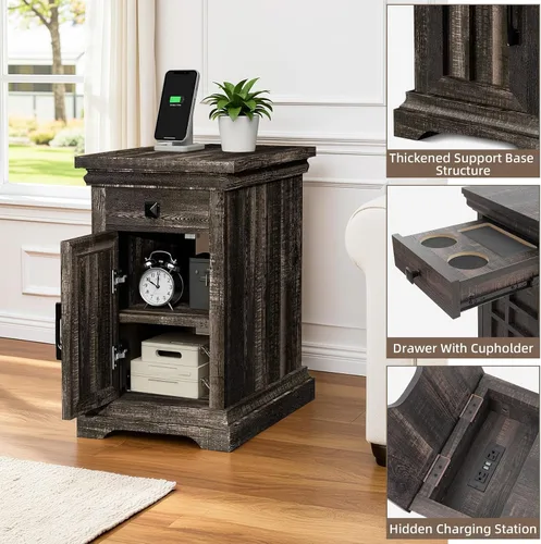 Miniatura 4 de Mesa auxiliar de granja con estación de carga, mesita de noche de madera rústica con puertos USB y tomas, cajón de almacenamiento y gabinete, mesa