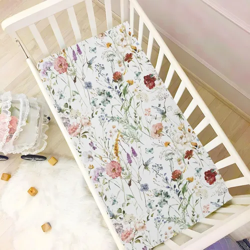 Miniatura 7 de CaTaKu Sábanas de cuna para niñas y niños – Sábanas de bebé bohemias con flores silvestres, sábanas de colchón neutro para cuna para cama
