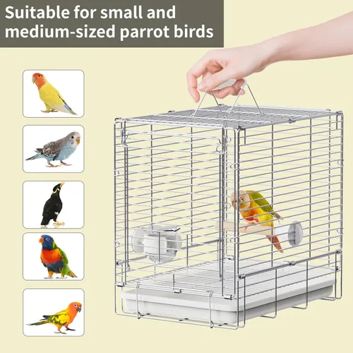 Miniatura 6 de Transportín Jaula de Viaje para Pájaros – Jaula de viaje plegable portátil de acero inoxidable 304 con recipientes de alimentación para loros