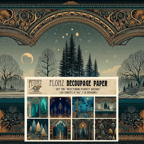Miniatura 9 de Decoupage - Paquete de papel (24 hojas de 6 x 6 pulgadas), místico bosque nevado ~ árboles estilizados en colores profundos de invierno, cielos
