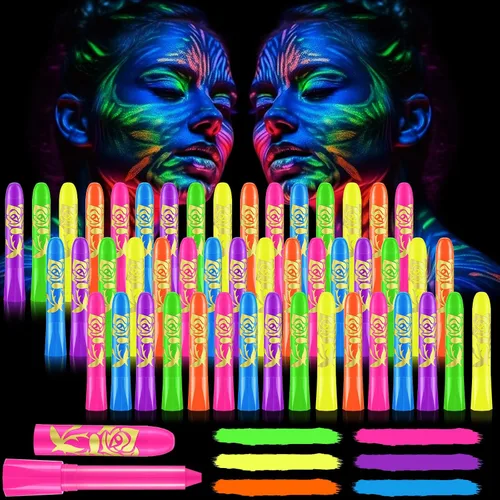 Tenceur 48 piezas de maquillaje que brilla en la oscuridad, crayón UV, luz negra, fluorescente, kit de pintura corporal para adultos, fiesta de