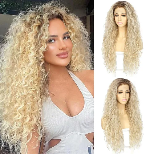 Miniatura 18 de SAPPHIREWIGS Pelucas de encaje frontal color marrón, sin pegamento, onda de agua, de encaje frontal sintético, para mujeres afrodescendientes