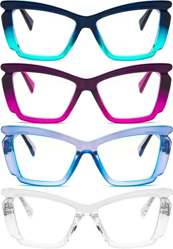 Paquete de 4 elegantes lentes de lectura para mujer, a la moda, grandes, con bloqueo de luz azul, con bisagra de resorte