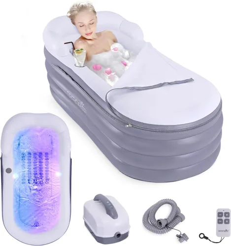 SereneLife Bañera de spa con alfombrilla de masaje de burbujas – Bañera inflable con almohada, portavasos, control remoto para iluminación LED,