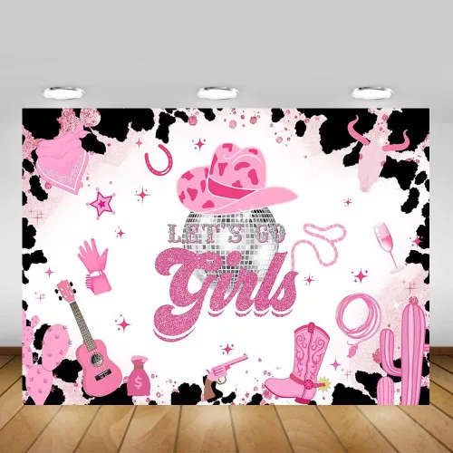 Miniatura 5 de Mocsicka Telón de fondo de discoteca de vaquera con texto en inglés «Let's Go Girls» (rosa, 8 x 6 pies (96 x 72 pulgadas)
