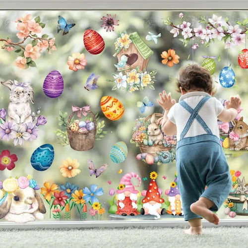 Miniatura 2 de WALPLUS Decoración de primavera para ventana de conejito de Pascua, decoración de primavera, de verano, reutilizable, para despegar y pegar