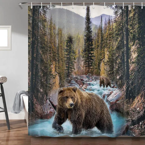 Miniatura 10 de Torich Juego de cortinas de ducha de oso rústico, diseño de bosque y bosque, caza, animales, cabaña, tablero de madera, decoración de baño