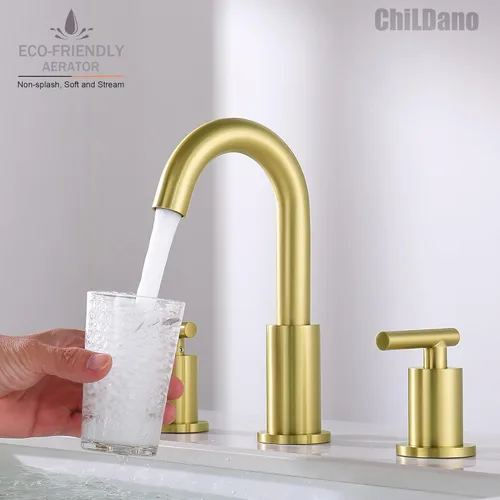 Miniatura 4 de ChiLDano Grifo de baño de oro cepillado, grifo de lavabo de baño extendido de 8 pulgadas de 3 orificios con desagüe y manguera, grifo de baño dorado