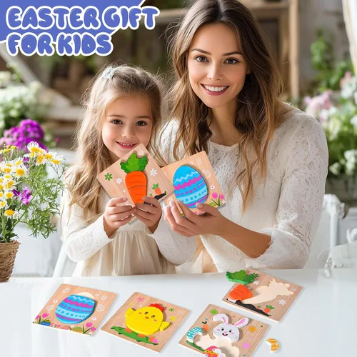 Miniatura 8 de Paquete de 4 rompecabezas de madera de Pascua para niños y niñas pequeños, rompecabezas de juguetes para cestas de Pascua, regalos de fiesta