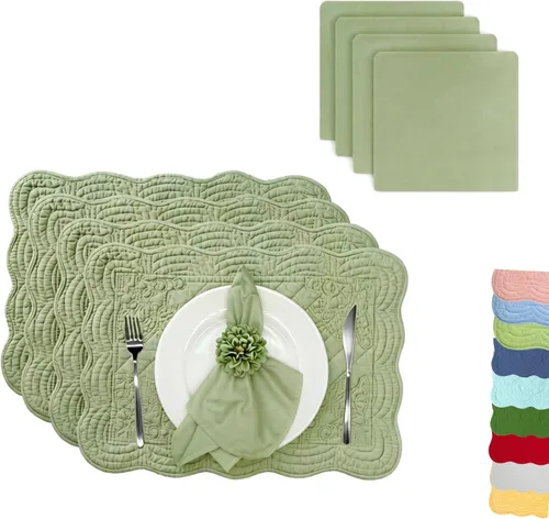 Miniatura 17 de Juego de 4 manteles individuales acolchados de algodón con servilletas a juego, manteles de mesa y servilletas de tela 100% algodón, juego de 8
