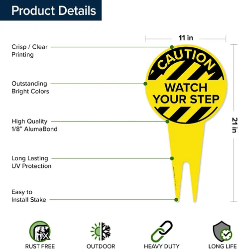 Miniatura 7 de Caution Watch Your Step Letrero de 11 x 21 pulgadas, estacas integradas de alta resistencia, uso en interiores y exteriores, compuesto de aluminio