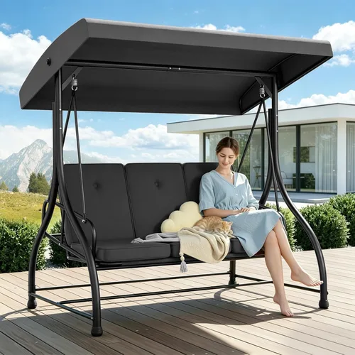 Miniatura 11 de Cama columpio para porche de 3 asientos con toldo ajustable y cojines extraíbles, marco de acero resistente, columpio para patio al aire libre, Azul