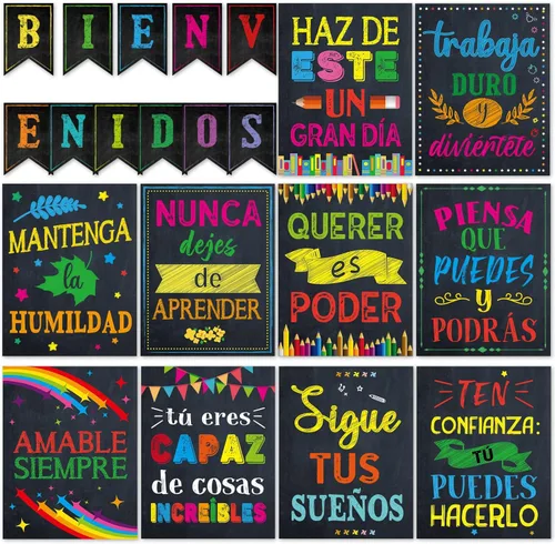 gisgfim 21 pósteres inspiradores españoles de Bienvenidos, color negro, colorido, motivacional, juego de tablones de anuncios para el aula, oficina,