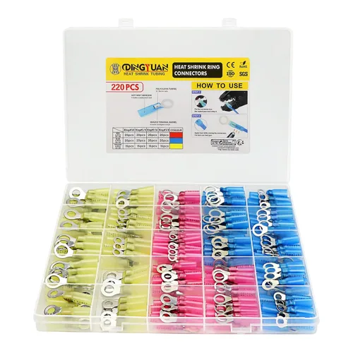 Kit de 220 conectores de cable termorretráctil, terminales de anillo eléctrico con aislamiento impermeable, conectores a tope termorretráctiles para