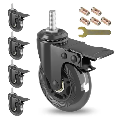 Juego de 5 ruedas giratorias con frenos de metal, ruedas giratorias resistentes de 3 pulgadas con vástago roscado UNC de 5/16 a 18, ruedas de goma