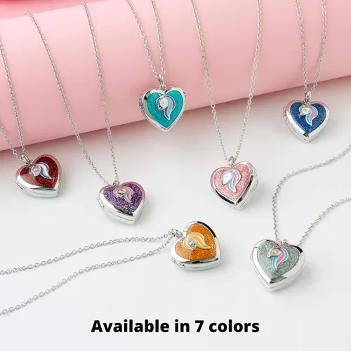 Miniatura 2 de Collar con medallón de corazón para niña pequeña colgante de animal con purpurina brillante almacenamiento interior secreto cadena de tono plateado