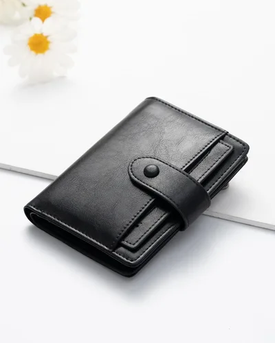 Miniatura 5 de Alldaily Cartera pequeña de piel con bloqueo RFID para mujer, plegable con 10 ranuras para tarjetas y bolsillo con cremallera, Negro, Pequeña