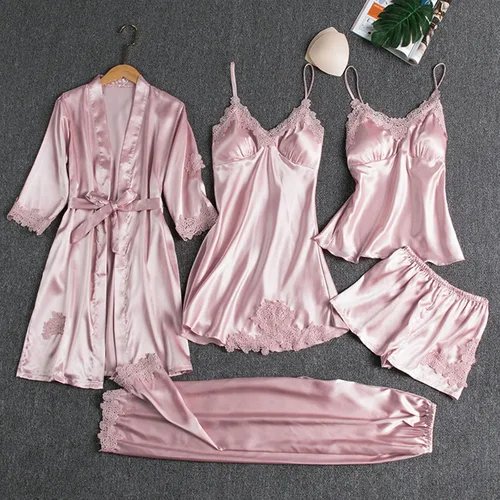 Miniatura 2 de Conjunto de pijama de seda para mujer, conjunto de pijama sexy de satén, 5 piezas, camisola y pantalones cortos, ropa de dormir de verano, linda