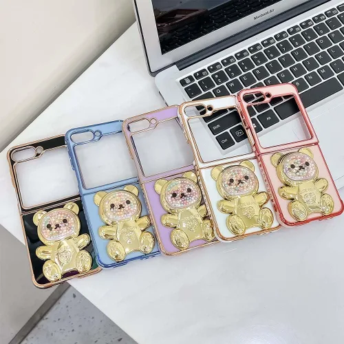 Miniatura 3 de Bonita funda compatible con Samsung Galaxy Z Flip 5/Z Flip 6 de 6.7 pulgadas, cuentas de lujo de color dorado 3D de arena movediza con soporte