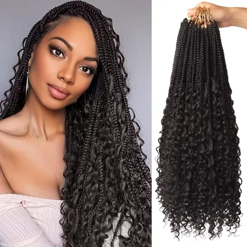 Miniatura 12 de Goddess Box Braids - Trenzas de cabello a ganchillo con extremos rizados, trenzas de caja bohemianas de 16 pulgadas, trenzas de ganchillo, 8 1B-4-30