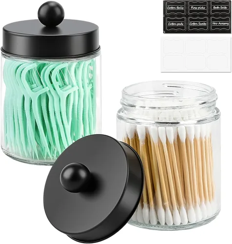 Juego de 2 tarros de boticario de cristal con tapas para baño, lindo soporte para cotonetes, juego de accesorios de baño negros, pequeños