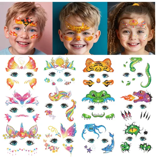 Leesgel 24 hojas de tatuajes faciales con purpurina para niños, tatuajes de pintura facial para cumpleaños de niños y niñas, recuerdos de fiesta,