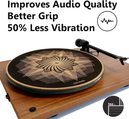 Alfombrilla giratoria de corcho para un mejor soporte de sonido en el tocadiscos de vinilo LP - Diseño geométrico original, tapete de corcho claro