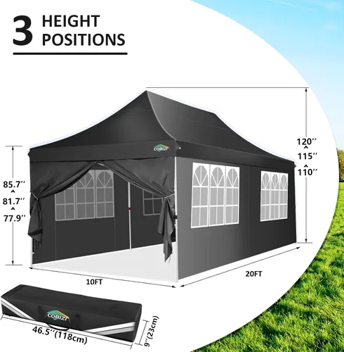 Miniatura 4 de COBIZI Tienda de campaña desplegable de 10 x 20 pies con 6 paredes laterales extraíbles, toldo comercial fácil de instalar, impermeable y gazebo