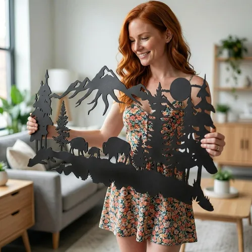 Miniatura 2 de DEKADRON Arte de pared de metal, decoración familiar de bisonte de metal, arte de pared natural, decoración de bisonte, montaña y árbol, decoración