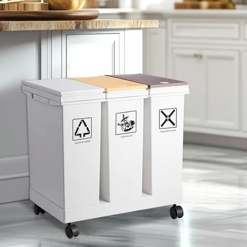 Bote de basura de 20 litros x 3 compartimentos con ruedas, contenedor de reciclaje de 16 galones y bote de basura rodante para cocina, sistema móvil