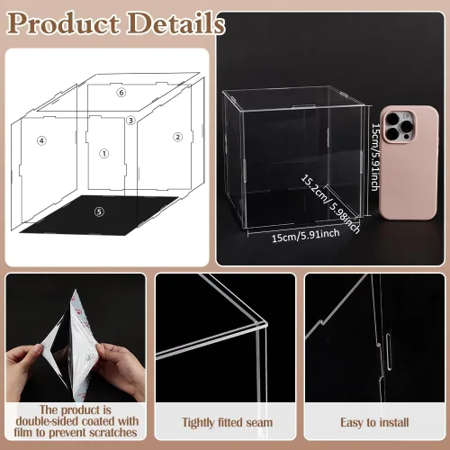 Miniatura 4 de FINGERINSPIRE Vitrina de acrílico transparente con base negra y 4 anillos de goma de 6 x 6 x 6 pulgadas, caja de acrílico transparente