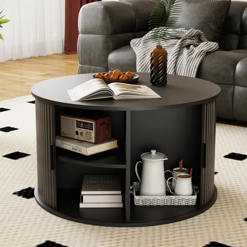 Miniatura 7 de SoarFlash Mesa de centro acanalada de 31.5 pulgadas con almacenamiento, mesa de centro redonda moderna de mediados de siglo con estante, mesa