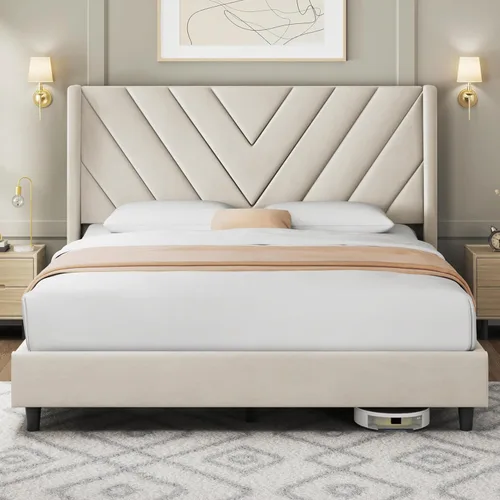 Miniatura 17 de Yaheetech Base de cama tamaño Queen con plataforma tapizada con cabecera con lados en forma de ala/soporte de listones de madera/cabecera tapizada