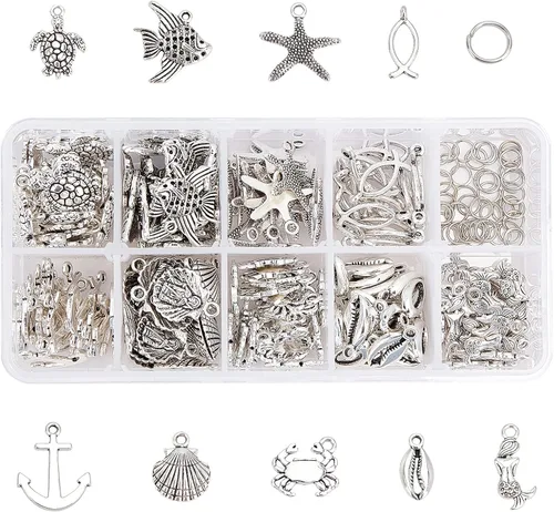 PH PandaHall 180 dijes de concha de pez, 9 estilos de dijes de océano con 50 anillos de salto, colgante de estrella de mar, conchas marinas, peces 9