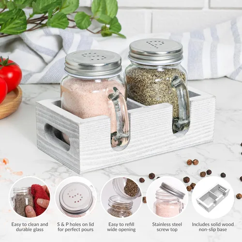 Miniatura 2 de Juego de salero y pimentero Mason Jar - Juego de salero de vidrio con soporte de madera, fácil de limpiar y rellenar para mesa de cocina de granja