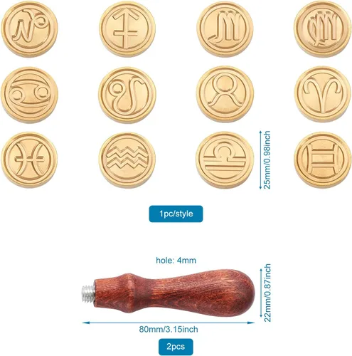 Miniatura 2 de Beadthoven - Juego de sellos de cera con 12 piezas de signos del zodiaco completo con temática de constelaciones, cabezas de latón y 2 asas