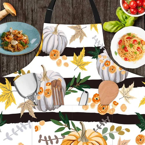 Miniatura 6 de Delantal de rayas de flores de calabaza con hojas de otoño, regalos para mujeres, delantal con cuello ajustable, impermeable, para mujeres