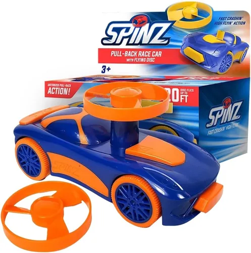 Spinz Coche de carreras con lanzador de discos voladores, juguete de corredor de parachoques trasero, regalo para niños, niñas, naranja y azul, a