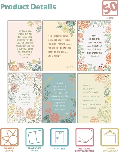 Miniatura 2 de Better Office Products Paquete de 50 tarjetas de felicitación cristianas inspiradoras con sobres, 6 versículos de la Biblia, 6 diseños, 4 x 6