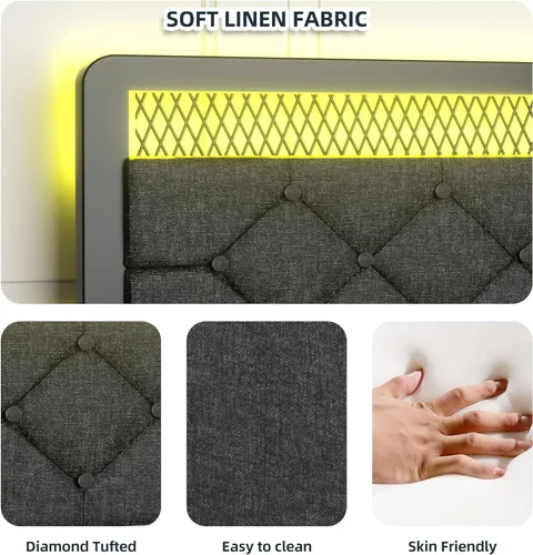 Miniatura 6 de Nuturelly Base de cama Queen con cajones de almacenamiento y cabecera LED inteligente, cama de plataforma tapizada con soporte de metal sin ruido