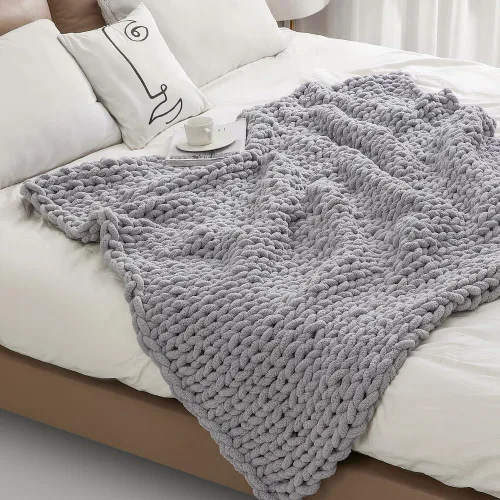 Miniatura 2 de Manta de punto grueso 40"×40", manta de chenilla cálida hecha a mano, manta de punto de lana gruesa y suave para decoración del hogar, manta de Gris