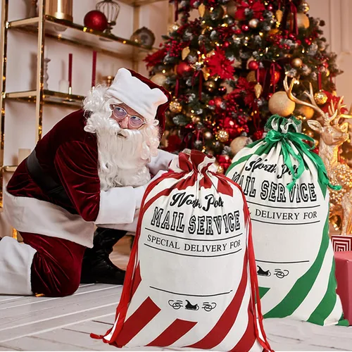 Miniatura 3 de XinblueCo Santa Sack - Paquete de 2 bolsas de lona de Navidad a rayas con cordón, bolsa de regalo personalizada de Navidad, tamaño extra grande