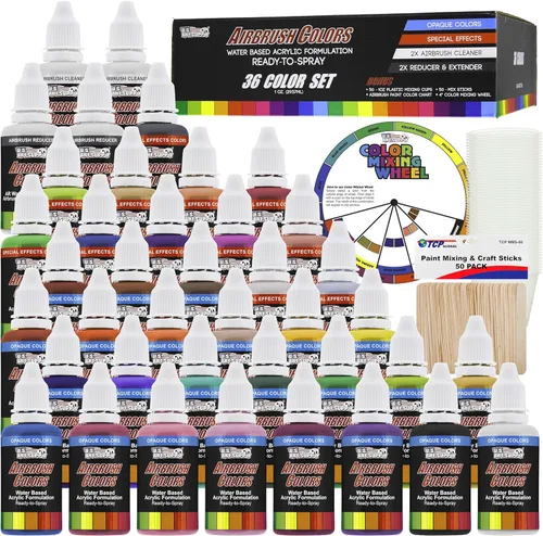 US Art Supply.juego de 6 pintura aerógrafo acrílica para principiantes, colore opacos + reductor y limpiador (1 onza). oz Set Deluxe de 36 colores