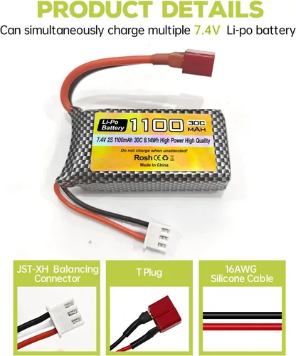 Miniatura 7 de sea jump Batería Lipo de 7.4 V 1100 mAh 2S con enchufe en T y 1 remolque 2 cargador adecuado para Haiboxing 18858 18859 18859A 16890A y XLH Q903