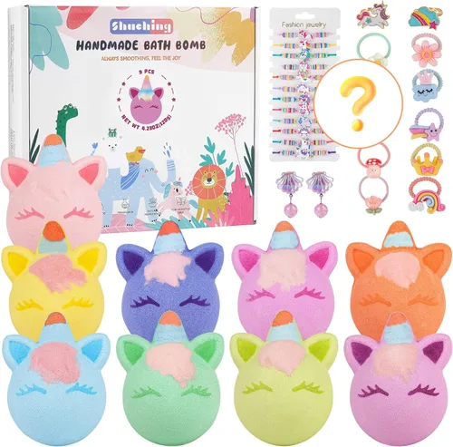 SHUCHING Bombas de baño de unicornio 9 XXL con sorpresa en el interior, bolas orgánicas de baño de burbujas para cumpleaños de niños y niñas
