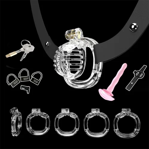 Miniatura 12 de Heuceo Jaula de castidad pequeña y ligera con 4 anillos y cinturón de castidad y dilatador uretral de silicona para hombre, mini jaula de pene liso
