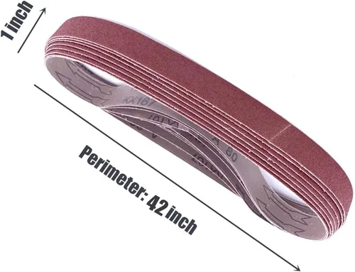 Miniatura 3 de 1 cinta de lija de óxido de aluminio de 42 pulgadas, papel de lija abrasivo de grano surtido 40/80/120/240 para lijadora de banda, paquete de 24
