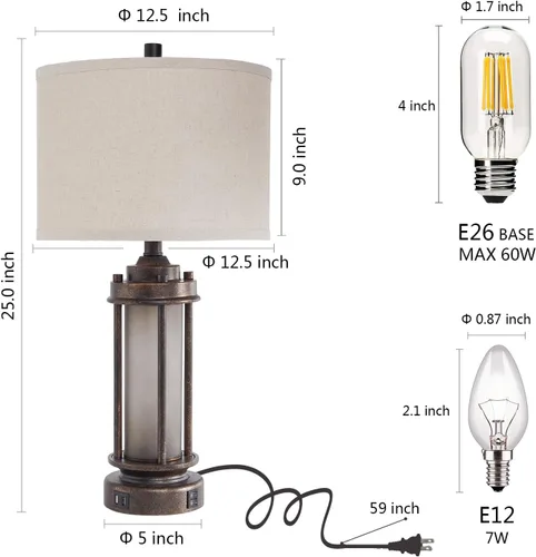Miniatura 6 de Lámpara de mesa de granja de 25 pulgadas con 2 puertos de carga USB, lámpara de mesita de noche rústica vintage con luz nocturna de vidrio