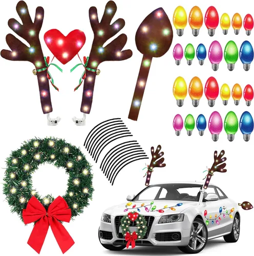 Miniatura 8 de Paquete de 3 cuernos de reno de Navidad para coche con luces LED, decoraciones de coche de Navidad, corona de Navidad iluminada, imanes reflectantes